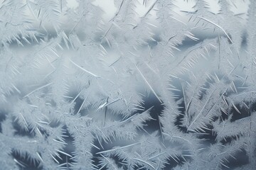 Close-up of frost on a windowpane, highlighting the harsh, crystalline texture
