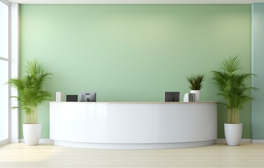 white reception desk in a clinic with light colorful walls soft light for healthcare medical card design