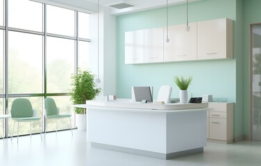 Fototapeta premium white reception desk in a clinic with light colorful walls soft light for healthcare medical card design