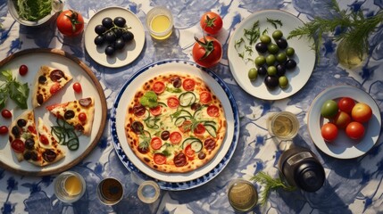 a pizza sitting on top of a white plate on top of a table next to plates of fruit and vegetables.