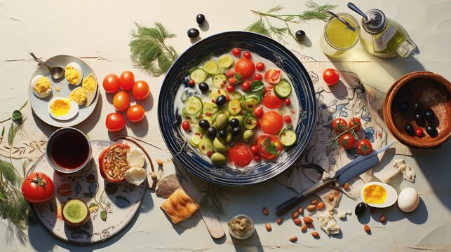  a table topped with plates of food next to a bowl of eggs and a bowl of tomatoes and cucumbers.