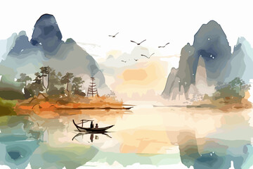 Watercolor vector of Asian lake stock. Fisher man boat & forest & mountains in sea. Landscape with rocks in hand drawn oriental style. Background for decoration, restore, relaxation, meditation. - obrazy, fototapety, plakaty