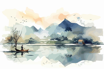 Watercolor painting of Asian lake stock. Forest & mountains & fisher man boat in sea. Hand drawn landscape with rocks in oriental style. Background for relaxation, meditation, restore, decoration. - obrazy, fototapety, plakaty