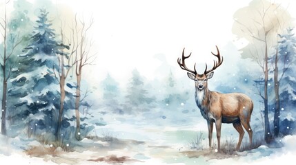  a watercolor painting of a deer standing in the snow in front of a wooded area with snow on the ground.