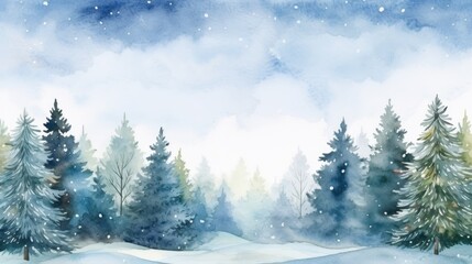  a watercolor painting of a winter scene with pine trees in the foreground and snow falling on the ground.