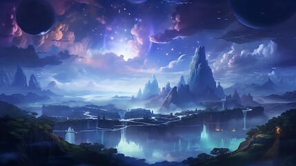 Dreamlike landscape with floating islands, ethereal creatures, and a sky filled with stars and...