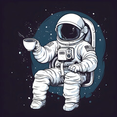 Astronaut with a cup of coffee. Vector illustration on a dark background.