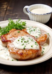 Grilled pork chops with mushrooms and cream sauce