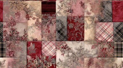  a close up of a patchwork quilt with flowers and leaves on a red, beige, black, and white background.