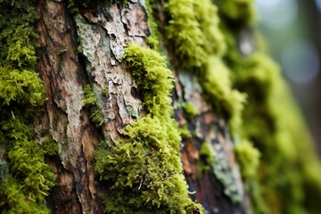 Close-up of tree bark with moss and lichen