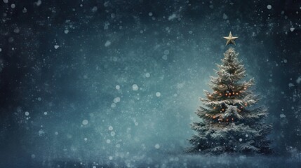  a christmas tree with a star on top of it in the middle of a snowy night with snow falling on the ground.