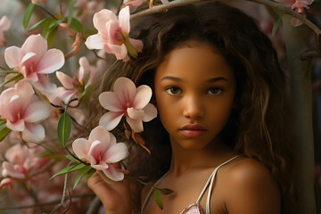 a girl of 9-10 years old and magnolias on a tropical background. portrait.