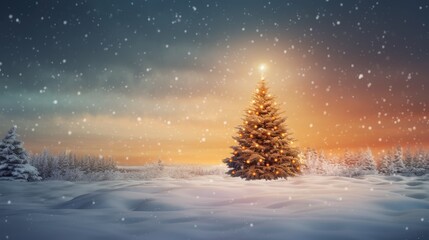  a snowy landscape with a lit christmas tree in the foreground and the sun shining through the clouds in the background.