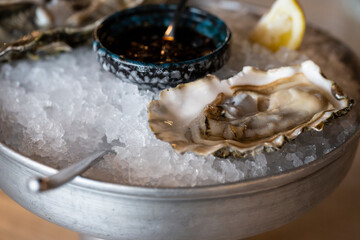 Fresh oysters on the halves of the shell are served in a plate with ice, lemons and sauce.