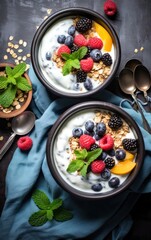 granola bowls with fruit and yogurt - obrazy, fototapety, plakaty