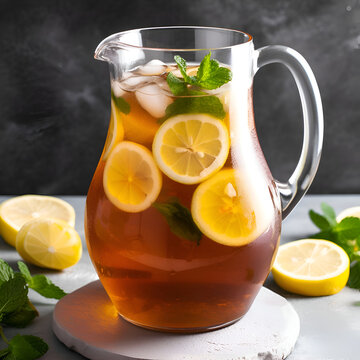 Iced tea with lemon and mint in a jug on a gray background