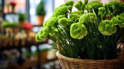 Bouquet of green carnation flowers in wicker basket. Marigold. Springtime concept with a space for a text. Valentine day concept with a copy space.