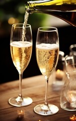 pouring champagne into glasses at the