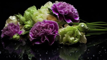 beautiful bouquet of eustoma flowers on a black background. Tagetes erecta. Springtime concept with a space for a text. Valentine day concept with a copy space.