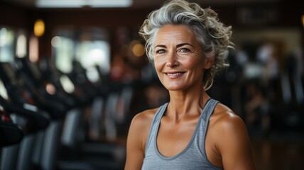 An older, fit woman in sporty sportswear is training in the gym.