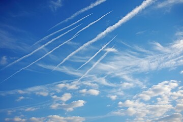 Contrail patterns crisscrossing in a deep blue noon sky