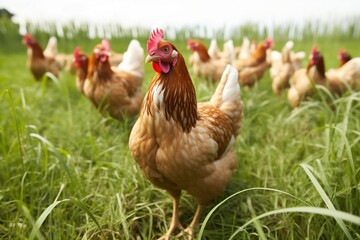 Chickens pecking at the ground in a grassy field, searching for food