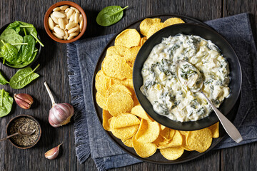 artichoke spinach almond dip with potato chips