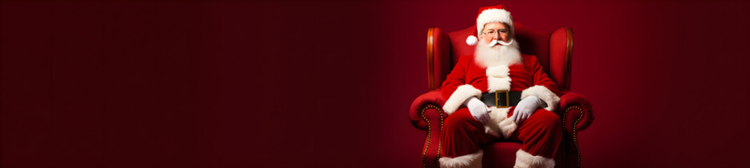 Santa Claus Sitting in an Armchair With Red Background and Copy Space 