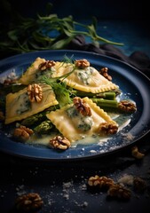 ravioli with asparagus with walnuts on a plate