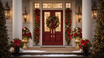  a red front door decorated for christmas with wreaths and wreaths on either side of the door and wreaths on either side of the door.