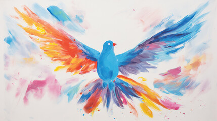 Obraz premium Cheerful Multicolored Finger-Painted Peace Dove: Peaceful Symbol in Childlike Splendor on White Paper