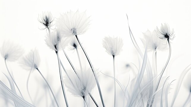  a black and white photo of a bunch of dandelions in front of a white background with a black and white filter.