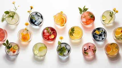  a group of glasses filled with different types of drinks and garnished with lemons, oranges, and mints.
