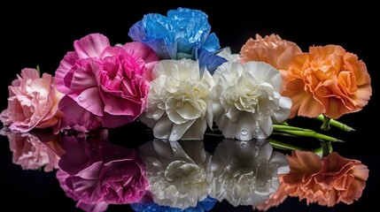 Bouquet of pink and red,blue carnations isolated on black background. Marigold. Springtime concept with a space for a text. Valentine day concept with a copy space.