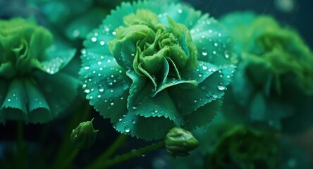Beautiful green carnation flowers with dew drops, closeup. Marigold. Springtime concept with a...