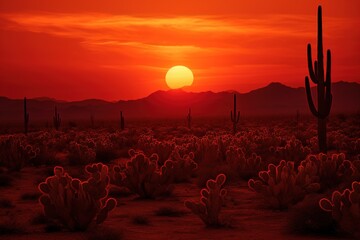 Cacti silhouettes against a scorching sunset - obrazy, fototapety, plakaty