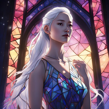 Beautiful young Korean woman with white hair and a braided ponytail in a stained glass dress
