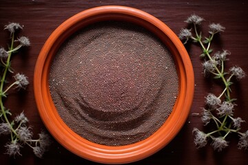 Obraz na płótnie Canvas Chia seeds in terracotta bowl, overhead