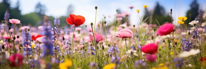 Wild flower field in wild with variable colors in Spring. Spring seasonal concept.