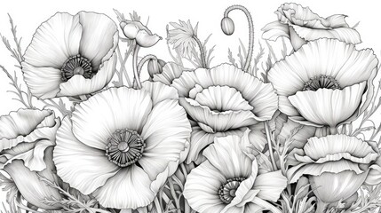  a black and white drawing of a bunch of flowers with long stems and large flowers in the middle of the image. - obrazy, fototapety, plakaty