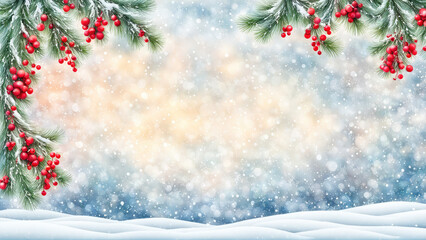 christmas background with snowy pine trees and vibrant berries