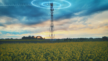 Telecommunication Tower transmitting wireless signals on the countryside - 3D render