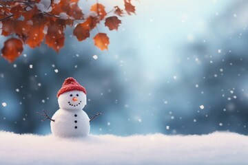 Cute snowman with Autumn foliage and holiday decoration in Winter. Winter seasonal concept.