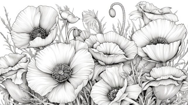  a black and white drawing of a bunch of flowers with long stems and large flowers in the middle of the image.