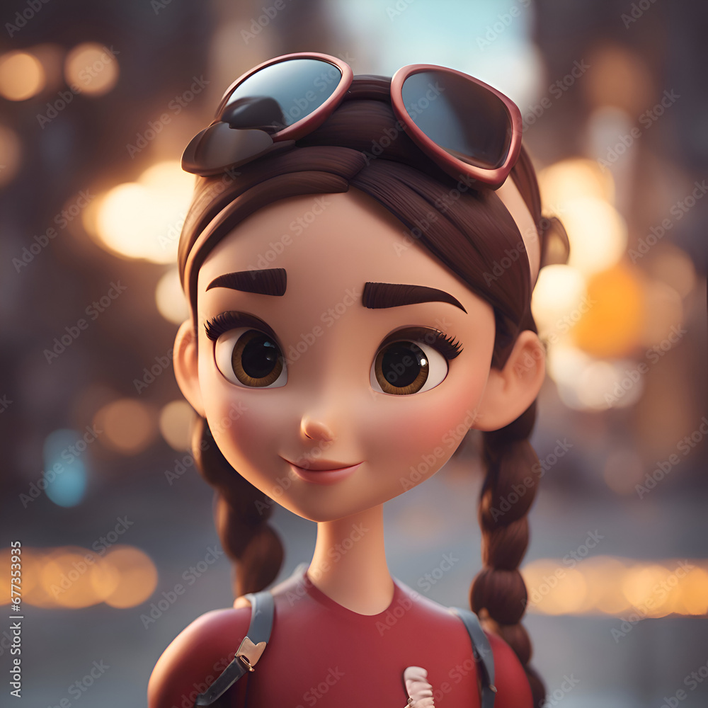 Poster 3d illustration of a little girl with sunglasses and a red dress