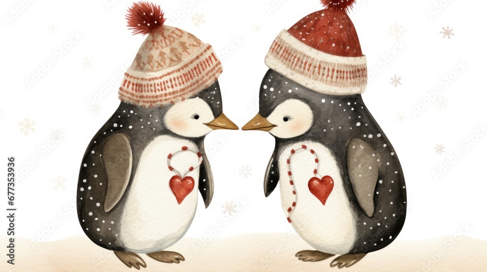 Sticker a couple of penguins standing next to each other on top of a snow covered ground with a red and whit