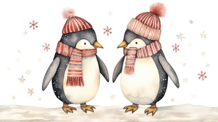  a couple of penguins standing next to each other on top of a snow covered ground next to snowflakes.