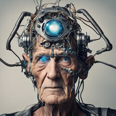 A very old man wearing a metal wired headpiece resembling a robot
