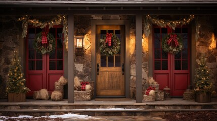  a front porch decorated for christmas with wreaths and wreaths on the door and wreaths on the steps. - obrazy, fototapety, plakaty