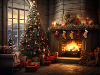 Fototapeta na wymiar A cozy home with fireplace, Christmas tree and decorated for holiday season. Winter seasonal concept.